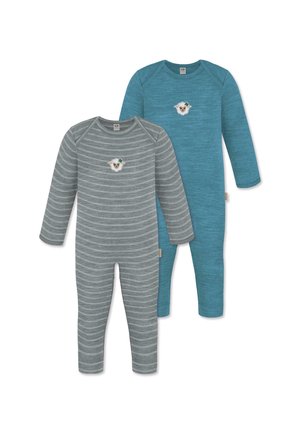 Zwei Langarmbodysuits: einer in grau gestreift, der andere in einfarbigem Teal. Jeder hat ein kleines gesticktes Tierdesign auf der Brust. Weicher Stoff.