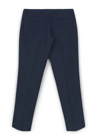 Marinefarbene Hose mit maßgeschneidertem Schnitt, glatt in der Textur, zwei Gesäßtaschen und geradem Bein. Keine sichtbaren Beschläge oder Muster.