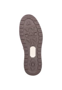 Suola di scarpa in gomma marrone con motivi di battistrada esagonali e circolari, caratterizzata da un accento centrale rettangolare e logo del brand in bianco.