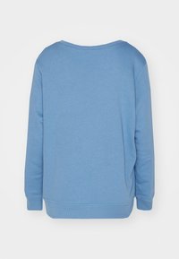 Sudadera azul claro con un escote amplio y mangas largas. Presenta un color sólido y una tela de textura suave. Sin patrones ni acentos visibles.