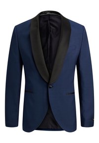 Navyn blå blazer med svart satin sjalkrage, enknapplåsning och två framfickor. Släthetta, skräddarsydd passform och minimal detaljer.