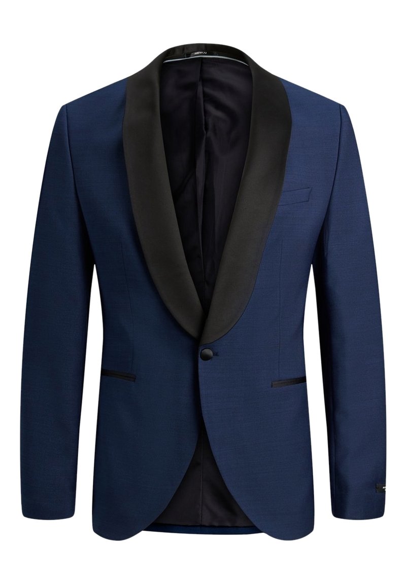 Navyn blå blazer med svart satin sjalkrage, enknapplåsning och två framfickor. Släthetta, skräddarsydd passform och minimal detaljer.
