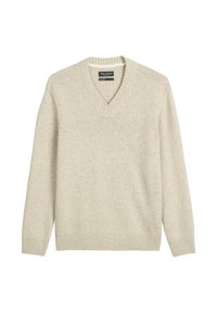 Beige V-Ausschnitt-Pullover aus strukturiertem Stoff mit leicht lockerer Passform und gerippten Bündchen. Schlichtes Design ohne sichtbare Muster oder Akzente.