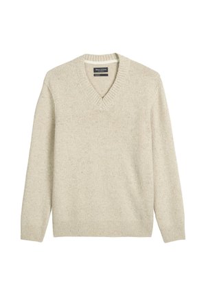 Beige V-neck sweater made from textured fabric with a slightly loose fit and ribbed cuffs. Plain design with no visible patterns or accents.