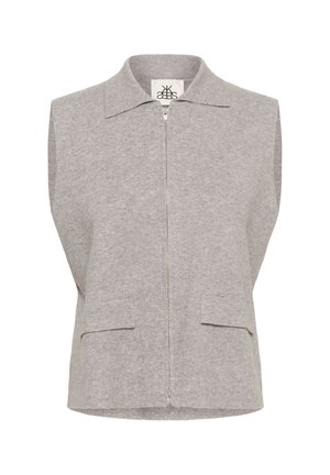 Veste sans manches en tricot gris clair avec col, fermeture éclair à l'avant et deux petites poches à rabat sur le devant.