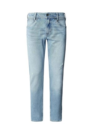 Jeans in denim blu chiaro con vestibilità dritta. Presentano cuciture visibili, dettagli di usura, passanti per cintura e una tasca frontale singola su ciascun lato.