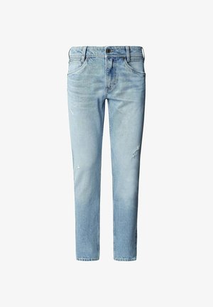 Hele sinine denim teksad sirge lõikega. Omab nähtavat õmblustööd, kulumise detaile, vöökoharihma silmuseid ja ühte esipocketit kummaski küljel.