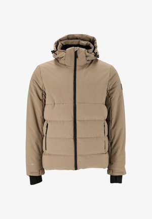 Vaaleanbeige eristetty talvitakki hupulla, musta etuvetoketju, vetoketjulliset sivutaskut ja säädettävät hihansuut mustilla sisäkäsipiteillä.