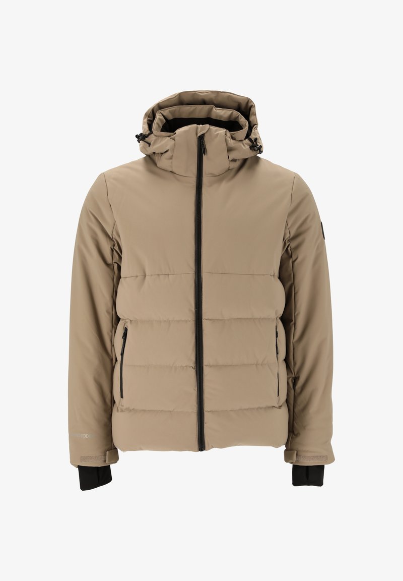 Beige isoleret vinterjakke med hætte, sort frontlynlås, lynlåslommer på siden og justerbare ærmekanter med sorte indersidder.