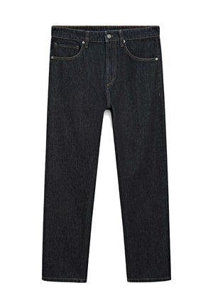 Donkerblauwe denim jeans met een rechte pijp, voorzien van koperen stiksels, vijf zakken en een metalen knoopsluiting aan de taille.