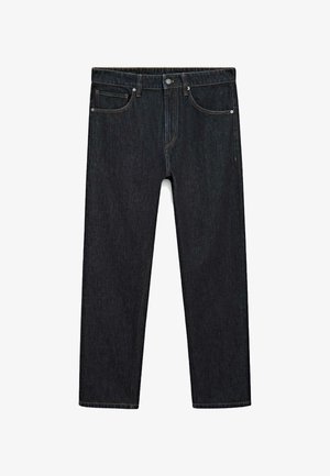 Dark blue denim jeans with a straight leg cut, featuring copper stitching, five pockets, and a metal button closure at the waistband.
