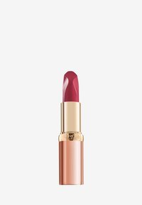 Lippenstift in einer glänzenden Gold- und Roségoldhülle, mit einem gedrehten Bullet in einer tiefen Rosafarbe mit glatter Textur und glänzendem Finish.