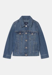 Džínová bunda se středně modrou pranou �úpravou, zapínáním na knoflíky, dvěma náprsními kapsami, bočními kapsami a klasickým límcem.