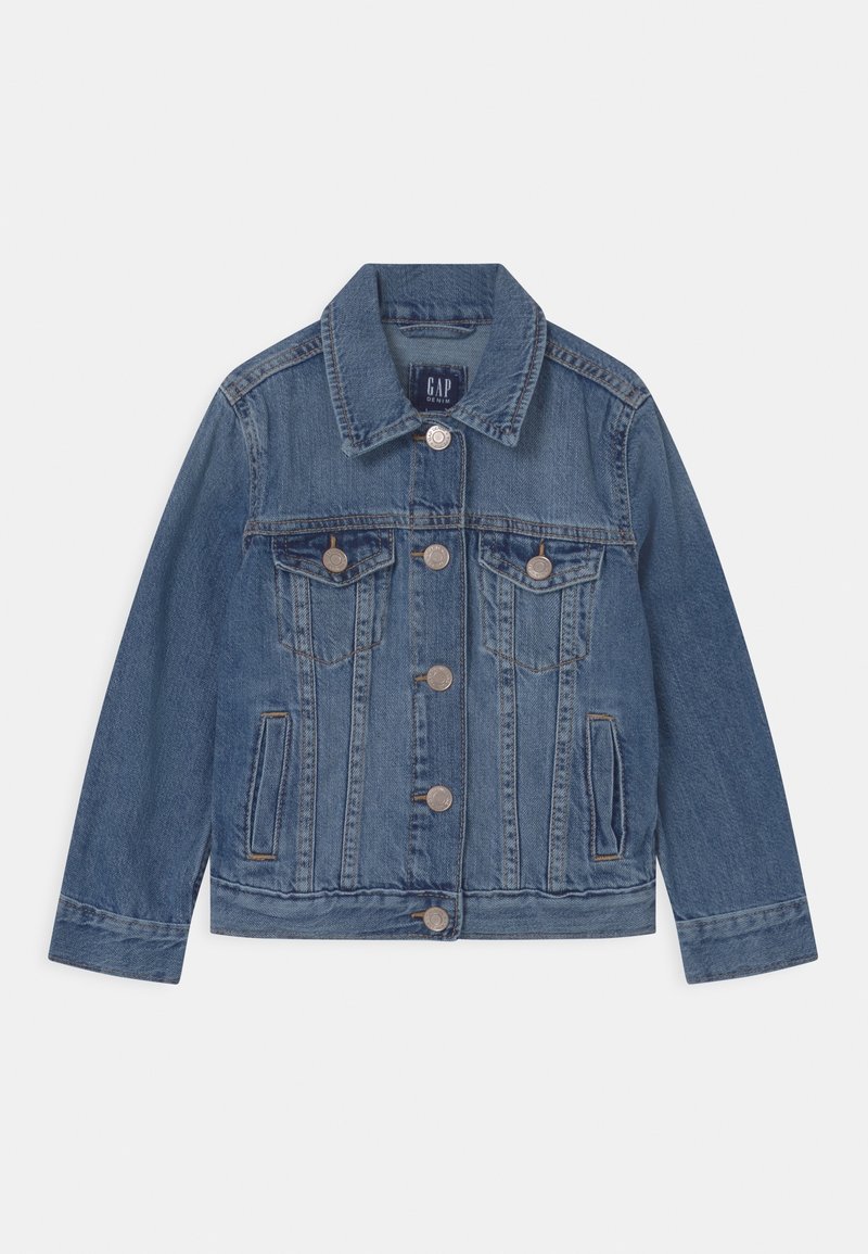 Denim jacket featuring a medium blue wash, button closure, two chest pockets, side pockets, and a classic collar design.