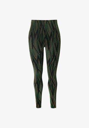 Zielone legginsy w geometryczne wzory w odcieniach ciemnej zieleni, czerni i złota. Wykonane z elastycznego materiału o dopasowanym fasonie.