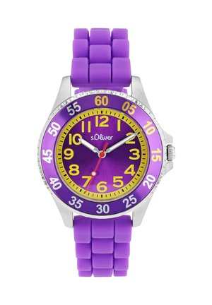 Lila Silikonarmbanduhr mit rundem silbernem Gehäuse, lebhaftem gelben und lilafarbenem Zifferblatt, großen Zahlen und rotem Sekundenzeiger. Texturiertes Banddesign.