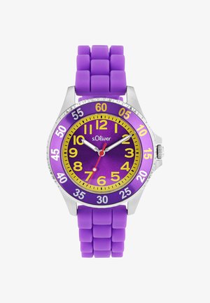 Lila Silikonarmbanduhr mit rundem silbernem Gehäuse, lebhaftem gelben und lilafarbenem Zifferblatt, großen Zahlen und rotem Sekundenzeiger. Texturiertes Banddesign.