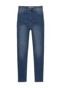 Blå denimjeans med hög midja, smal passform, femficksdesign och kontrasterande sömmar. Har en knappstängning och bälteshällor.