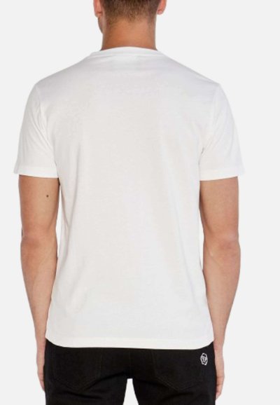 T-shirt bianco di cotone con maniche corte, scollatura rotonda e una texture liscia. Nessuna grafica o motivo visibile sul retro.
