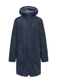 Marineblauwe waterdichte parka met een capuchon, twee grote voorzakken en een gladde binnenvoering. Voorzien van een ritssluiting en verstelbare manchetten.