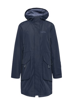 Marineblauwe waterdichte parka met een capuchon, twee grote voorzakken en een gladde binnenvoering. Voorzien van een ritssluiting en verstelbare manchetten.