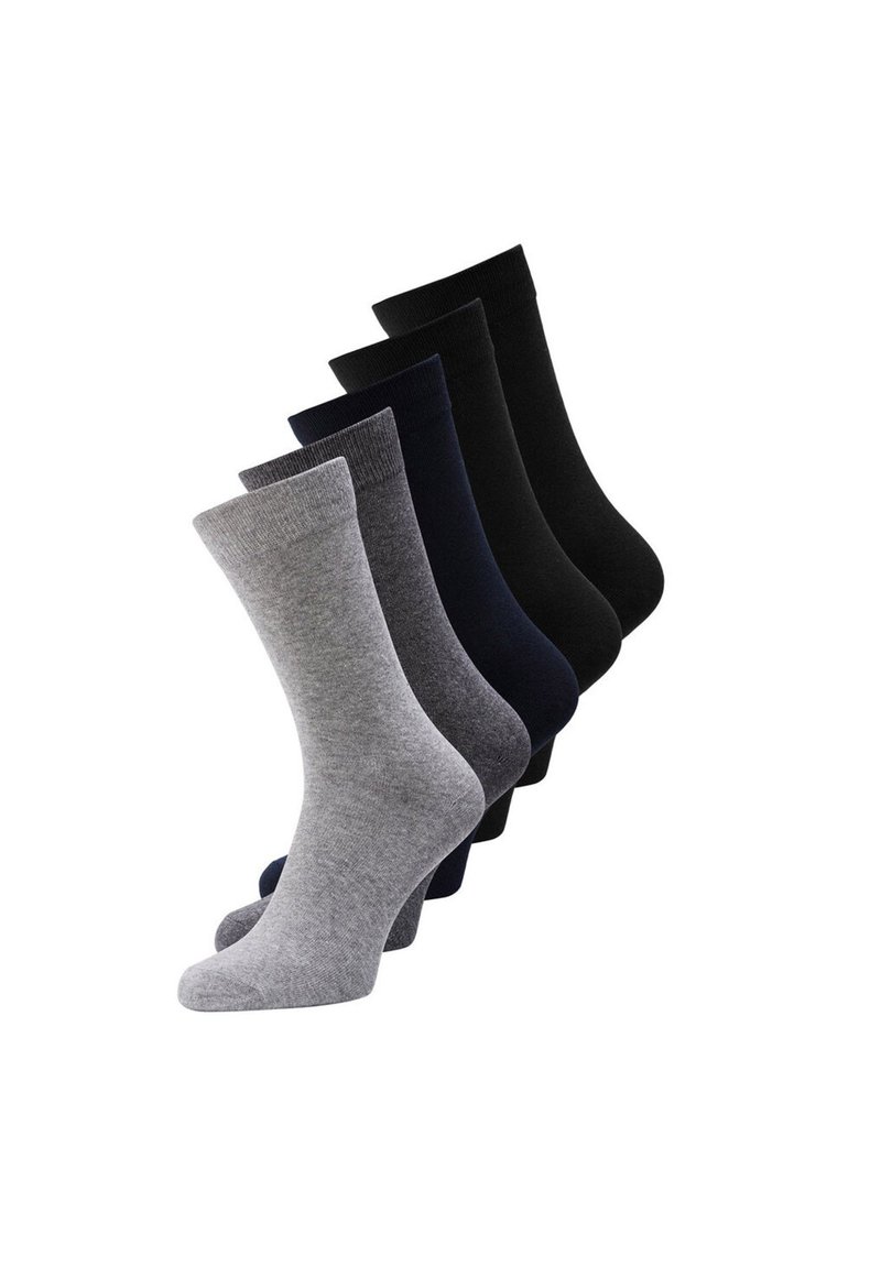 Fünf Paar Socken in Grau- und Schwarztönen. Sie besitzen eine glatte Textur, gerippte Bündchen und ein klassisches Crew-Längen-Design.