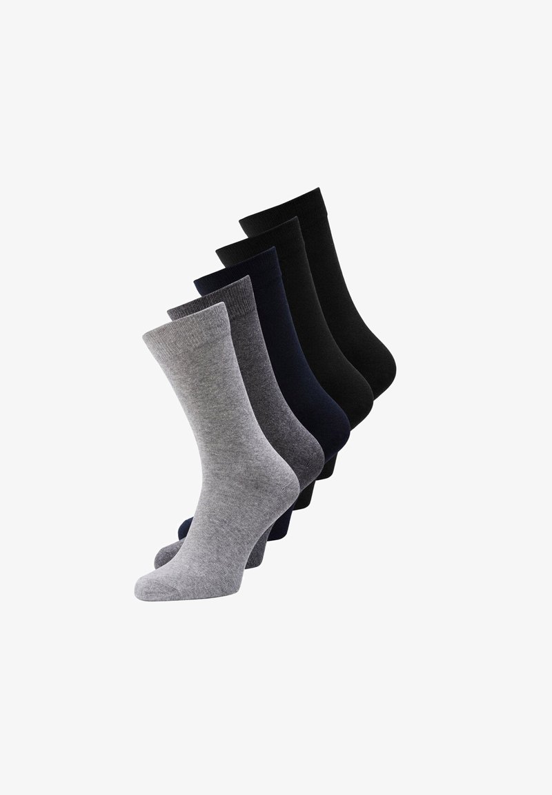 Five pairs of socks in shades of gray and black. Features a smooth texture, ribbed cuffs, and classic crew-length design.