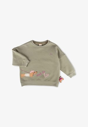 Hell olivgrünes Sweatshirt mit langen Ärmeln, einem Dackel, der eine rosa Baskenmütze und Sonnenbrille trägt, und den Worten "ooh la la" auf der Vorderseite.