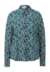 Camicia button-up con un stampa astratta colorata in teal, blu, nero e bianco, con maniche lunghe e colletto classico.