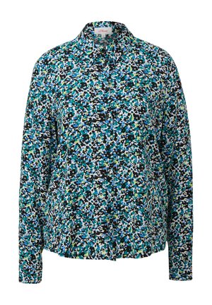 Chemise à boutons avec un motif abstrait coloré en teal, bleu, noir et blanc, à manches longues et col classique.