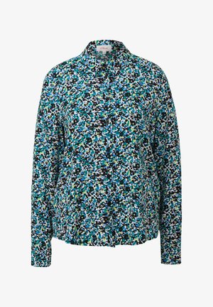 Chemise à boutons avec un motif abstrait coloré en teal, bleu, noir et blanc, à manches longues et col classique.