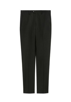 Czarne eleganckie spodnie z pętelkami na pasek, kieszeniami bocznymi, z przodu guzikiem i zapięciem na zamek, zaprojektowane do noszenia w formalnych lub biznesowych sytuacjach.