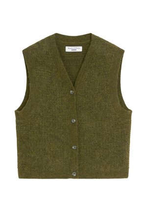 Olijfgroene wollen vest met een V-hals, mouwloos ontwerp, vijf knoopsluitingen en een textuurpatroon. Merklabel zichtbaar aan de binnenkant.