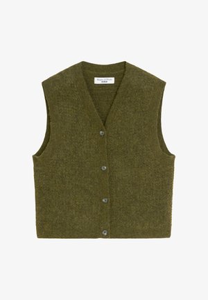 Olivgrüner Wollwesten mit V-Ausschnitt, ärmellosem Design, fünf Knopfverschlüssen und strukturiertem Strickmuster. Markenetikett innen sichtbar.