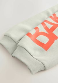 Hellgrauer Sweatshirt mit gerippten Bündchen, ausgestattet mit einem großen korallenfarbenen grafischen Text. Weicher, strukturierter Stoff mit einem lässigen Design.