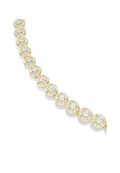 Collier en or avec des maillons circulaires sertis de pierres claires à taille ronde, créant un motif répétitif ; finition brillante avec une texture lisse.