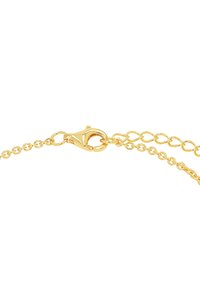 Goldkette mit Karabinerhaken. Verfügt über runde Glieder und eine verstellbare Länge. Glatte Textur, glänzende Oberfläche, minimale Akzente.