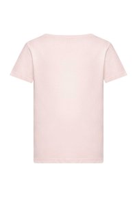 Lyserød kortærmet T-shirt lavet af bomuld. Har en rund halsudskæring og en ensfarvet ryg uden grafik eller udsmykninger.