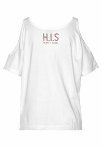 Witte T-shirt met korte mouwen en cold shoulder design. Voorzien van een lichtroze bedrukte logo "H.I.S" en "HENRY I. SIEGEL" op de achterkant. Zachte stof.