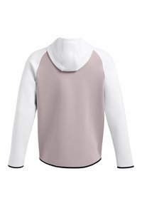 Kapuzensweatshirt mit einem Lichtrosa Rückenteil, weißen Ärmeln und einer weißen Kapuze. Glattes Material mit abgerundetem Saum und schwarzem Besatz.