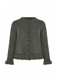Zielony dziergany kardigan z okrągłym dekoltem, zapięciem na guziki z przodu, prążkowanymi mankietami i falbaniastym wykończeniem. Miękka tekstura, casualowy design.