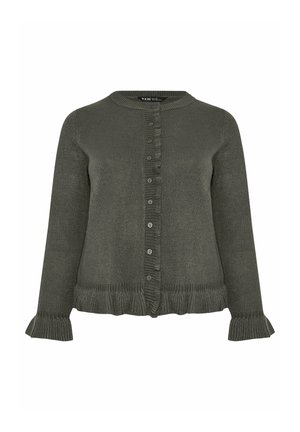 Cardigan verde lavorato a maglia con scollatura rotonda, chiusura frontale con bottoni, polsini a coste e orlo arricciato. Tessuto morbido, design informale.