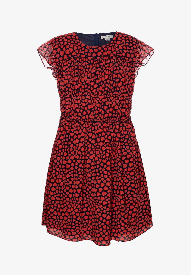 Robe bleu marine avec motif de cœurs rouges, manches courtes transparentes flottantes, taille froncée et encolure ronde avec fermeture éclair au dos.