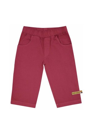 Maroon cotton trousers with an elastic waistband, two side pockets, and a yellow brand label on the bottom left hem.