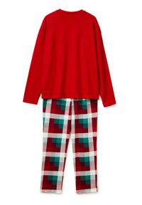 Top rosso a maniche lunghe abbinato a pantaloni del pigiama a quadri bianchi, rossi e turchesi. Tessuto morbido, taglio rilassato e vita elastica sui pantaloni.