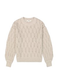 Beige gebreide trui met een gevarieerd patroon van ruitvormen, ronde halslijn en ribboorden aan de mouwen en onderkant.