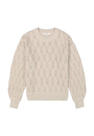 Suéter de punto beige con un patrón texturizado de formas de diamante, escote redondo y puños y dobladillo acanalados.
