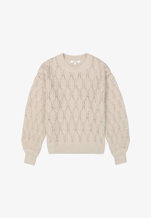 Beige gebreide trui met een gevarieerd patroon van ruitvormen, ronde halslijn en ribboorden aan de mouwen en onderkant.