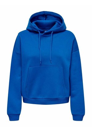 Blue long-sleeve hoodie with front kangaroo pocket, drawstring hood, and ribbed cuffs and hem.
