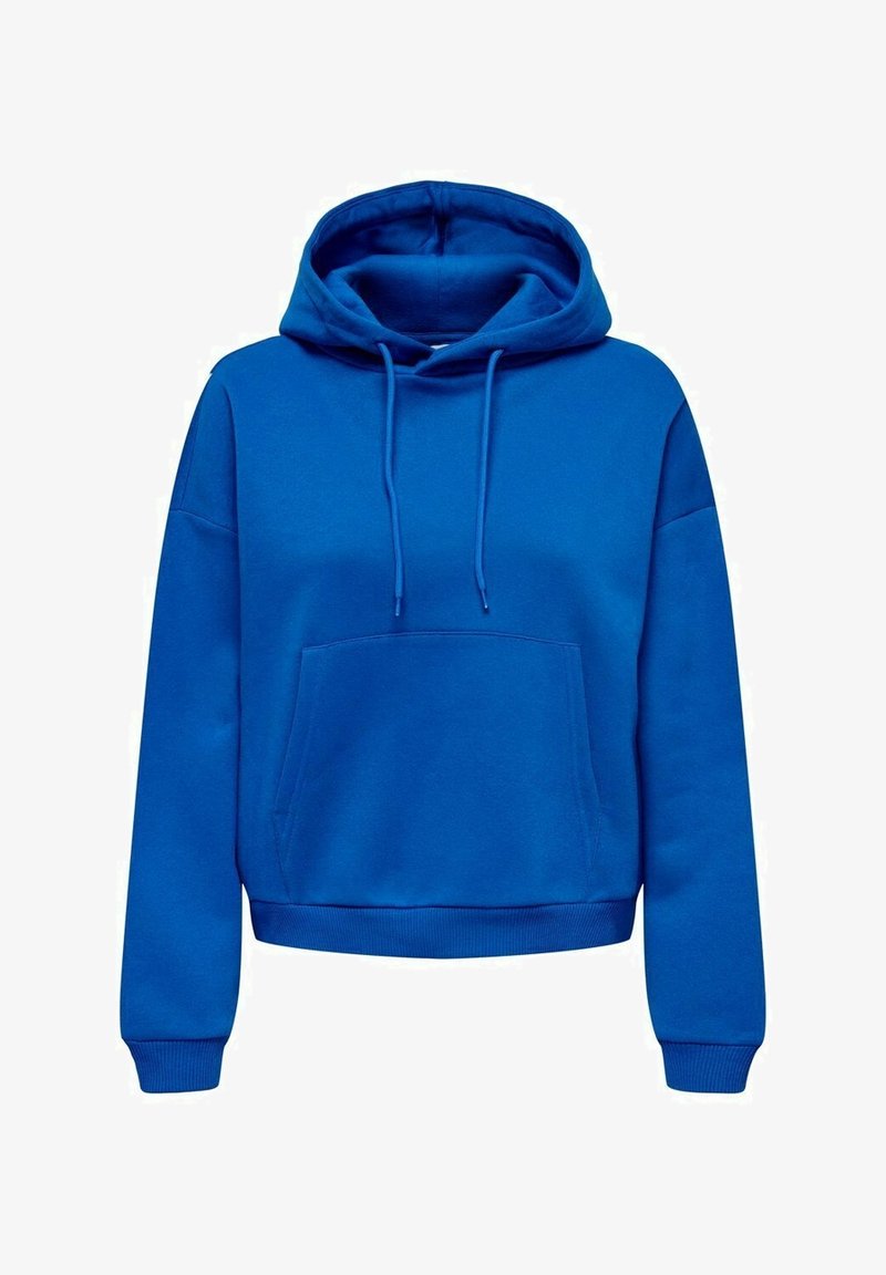 Sweat à capuche bleu à manches longues avec poche kangourou devant, capuche avec cordon de serrage, poignets et bas côtelés.